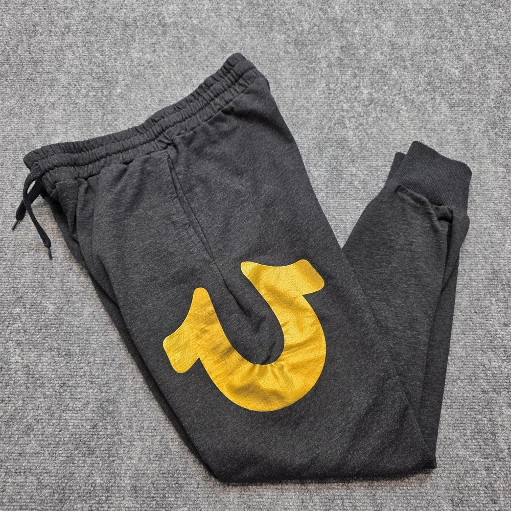 True Religion Men's Joggers Large Charcoal Gray Gold Horseshoe Logo Sweatpants